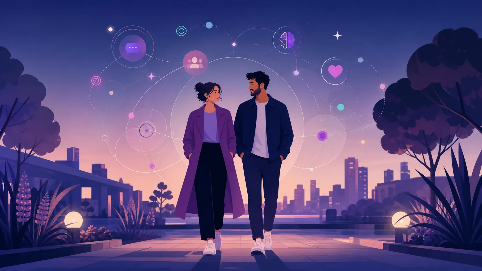 Abstract premium illustration where books, stars, a brain, conversation and emotion symbols form a subtle heart